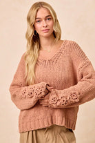BiBi Dusty Peach Chunky Knit Sweater with Flower Detail Sleeves