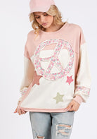 SAGE + FIG Peace & Star Patch Contrast Round Neck Sweatshirt Blush Pink Shirts & Tops