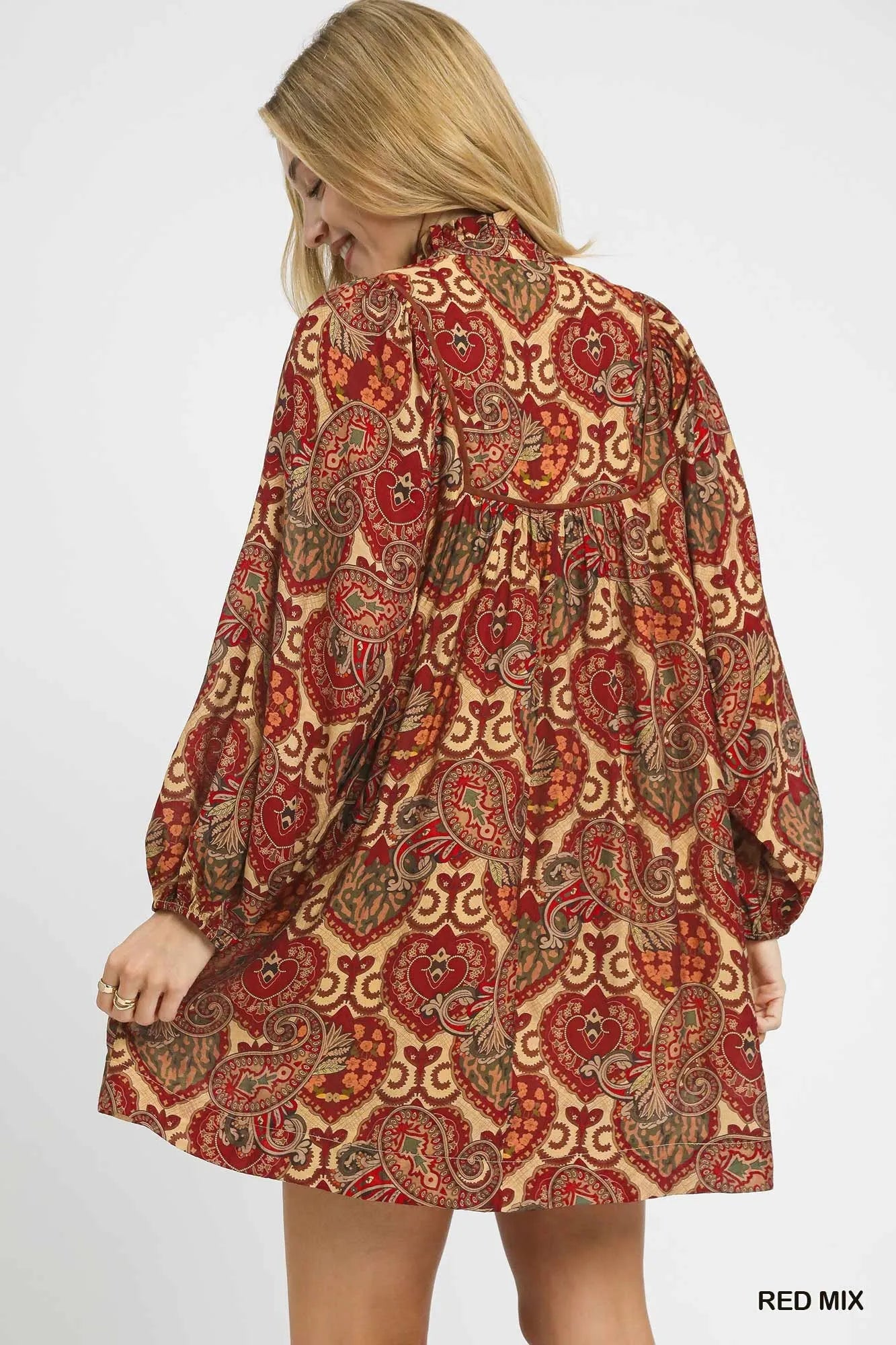 Umgee Red Mix Boho Mix Paisley Babydoll Dress