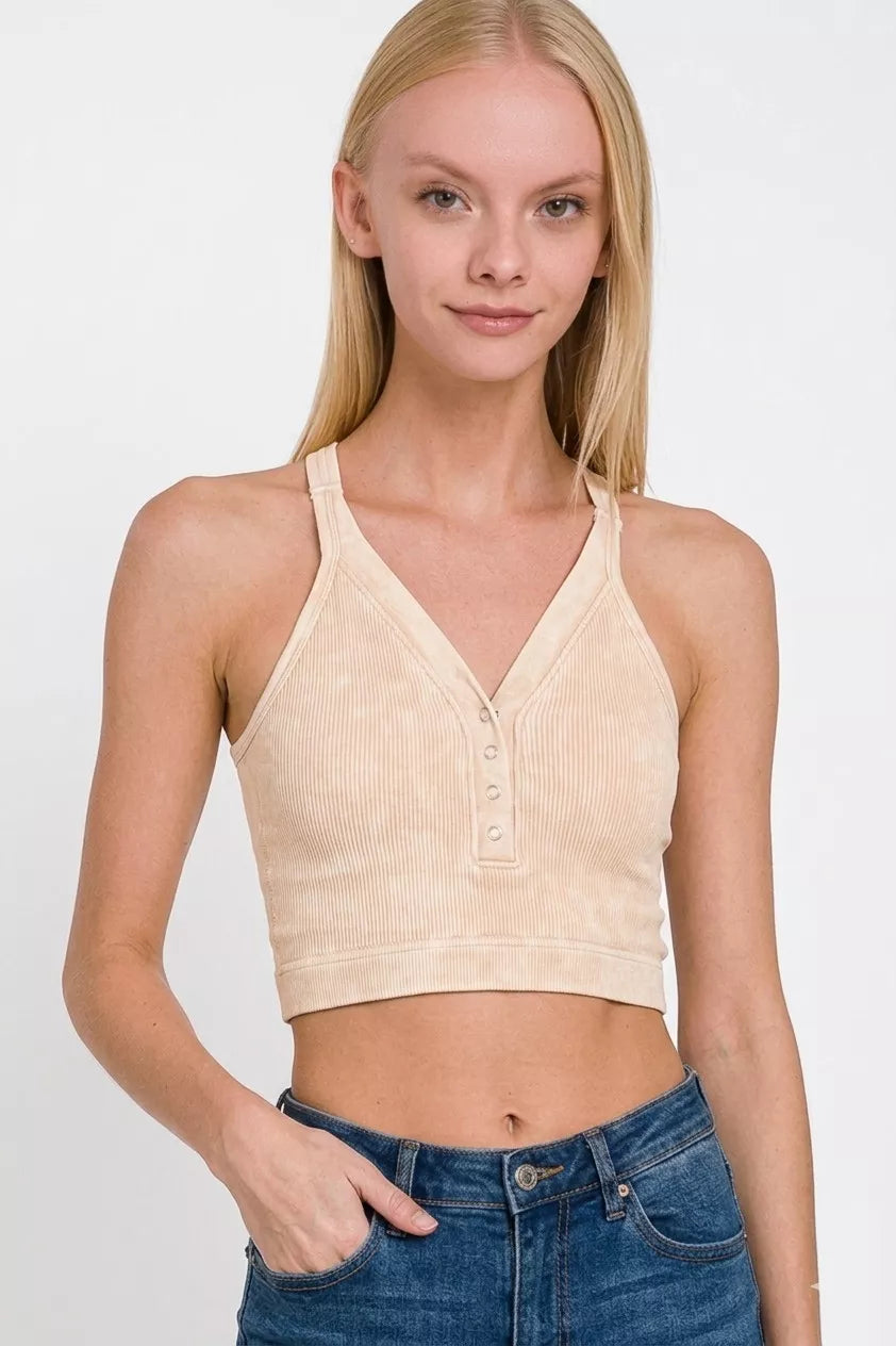 Zenana Sand Beige Washed Ribbed Seamless Button V-neck Tank Top