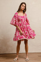 BiBi Fuchsia Aztec Woven Printed Contrast Binding Dress FUCHSIA