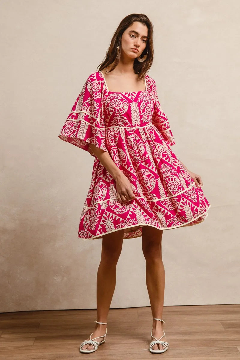 BiBi Fuchsia Aztec Woven Printed Contrast Binding Dress FUCHSIA