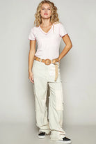 POL Baby Pink V-Neck Short Sleeve Ribbed T-Shirt with Contrast Overlock Stitching