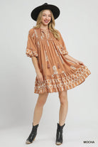 Umgee Border Print Tassel Tie Neck Mini Dress
