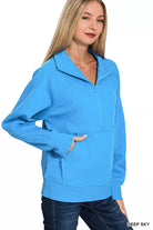Zenana Deep Sky Half Zip Fleece Sweatshirt with kangaroo Pocket