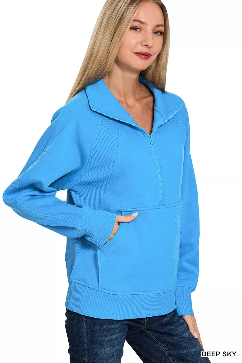 Zenana Deep Sky Half Zip Fleece Sweatshirt with kangaroo Pocket