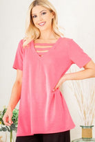 Heimish Hot Pink V-Neck Short Sleeve Top with Bar Detail