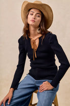 BiBi Black & Camel Ribbed Contrast Front Tied Top with Shrried