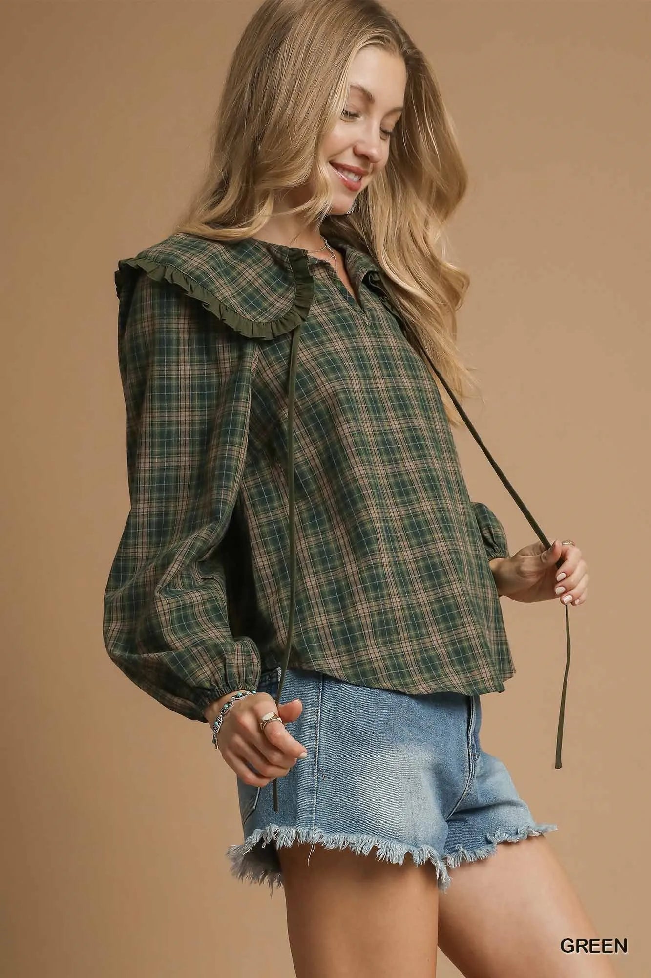 Umgee Green Plaid Ruffle Collar Blouse