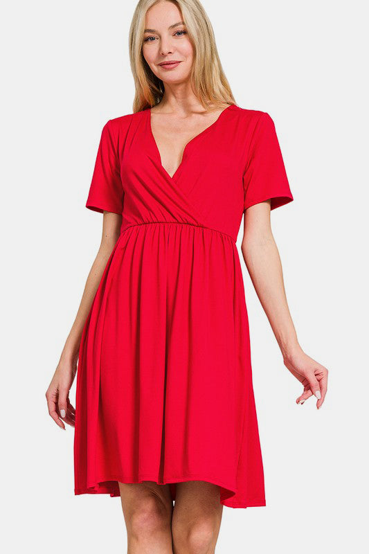 Zenana Red Surplice Short Sleeve Brushed DTY Dress Red Dresses