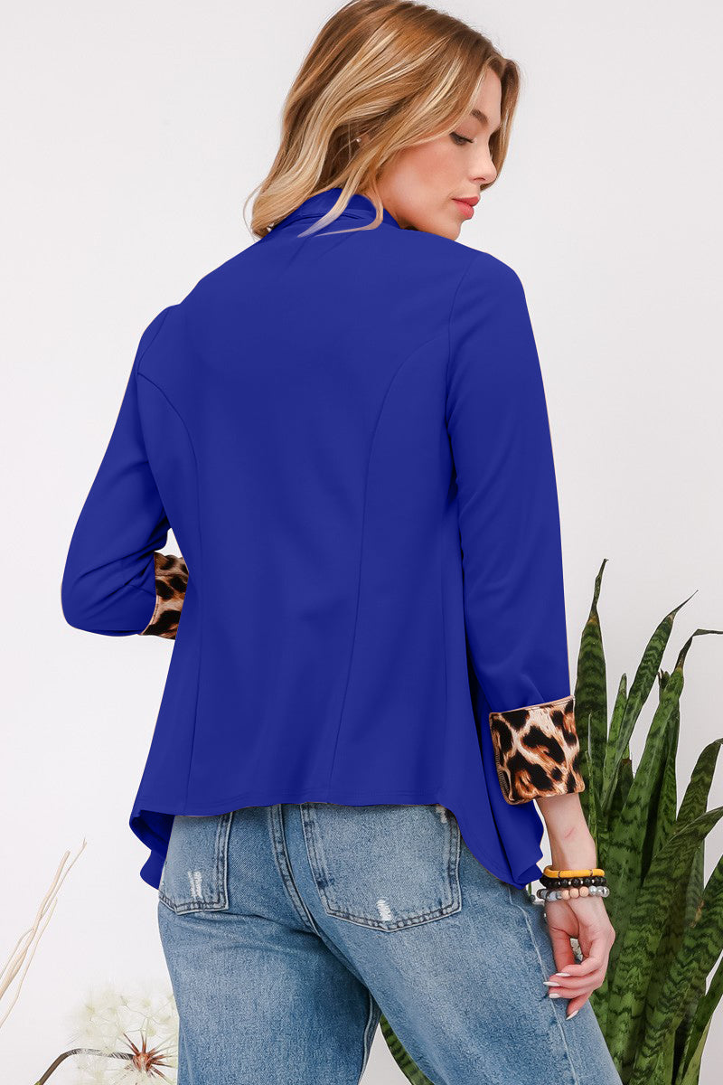 Celeste Royal Blue Rolled Leopard Cuff Open Front Blazer Trendsi