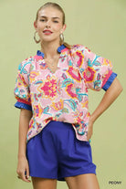 Umgee Peony Floral Print Ruffled Short Sleeve Blouse PEONY