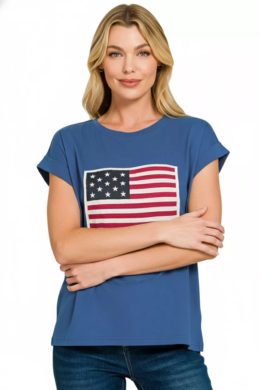 Zenana Light Navy US Flag Round Neck Short Sleeve T-Shirt Plus Size