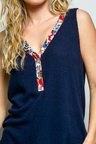 POL Navy Ribbed V-Neck Tank with Contrast Floral Neckband