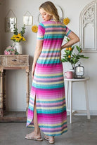 Heimish Pink Multi Color Striped Short Sleeve Maxi Dress