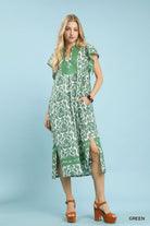 Umgee Green Abstract Two Tone Print Midi Dress