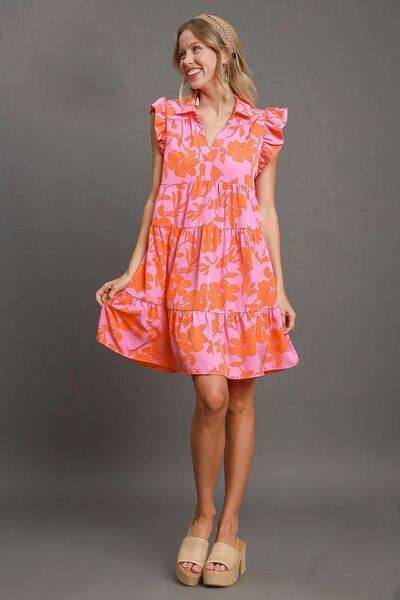 Umgee Pink & Orange Floral Print Ruffle Cap Sleeve Tiered Dress