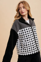 Annie Wear Ivory & Black Plaid Zip Up Drop Shoulder Sherpa Jacket