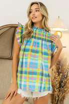 BiBi Blue and Yellow Multi Color Check Plaid Woven Blouse