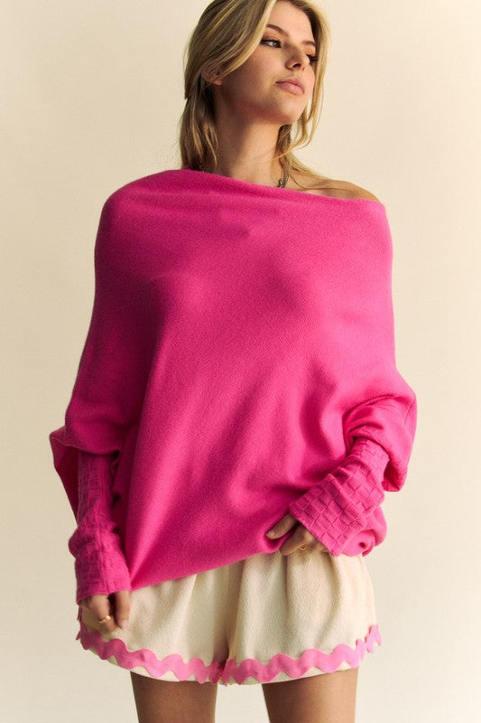 Davi & Dani Hot Pink Mafulus Crewneck Batwing Sleeve Sweater Hot Pink Trendsi