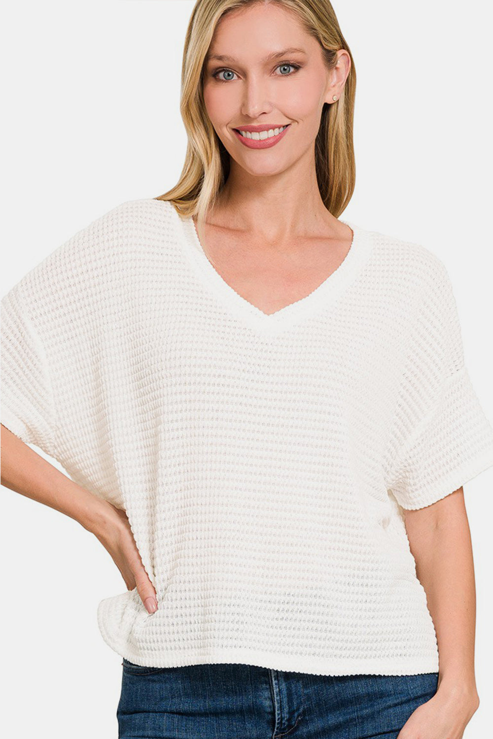 Zenana Drop Shoulder Short Sleeve Jacquard Knit Top Off White Trendsi