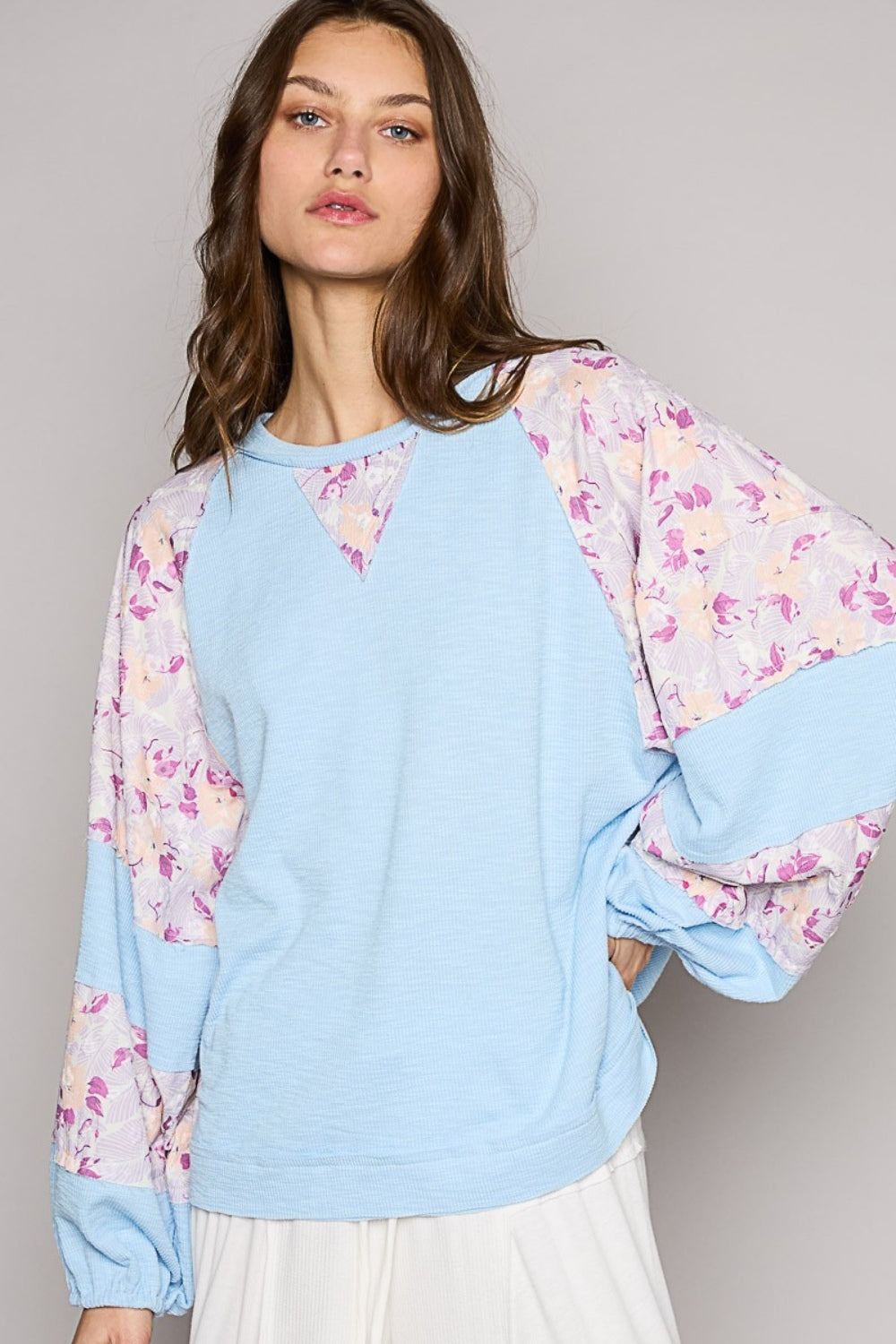 POL Round Neck Balloon Floral Long Sleeve Top Sky Blue Multi Trendsi