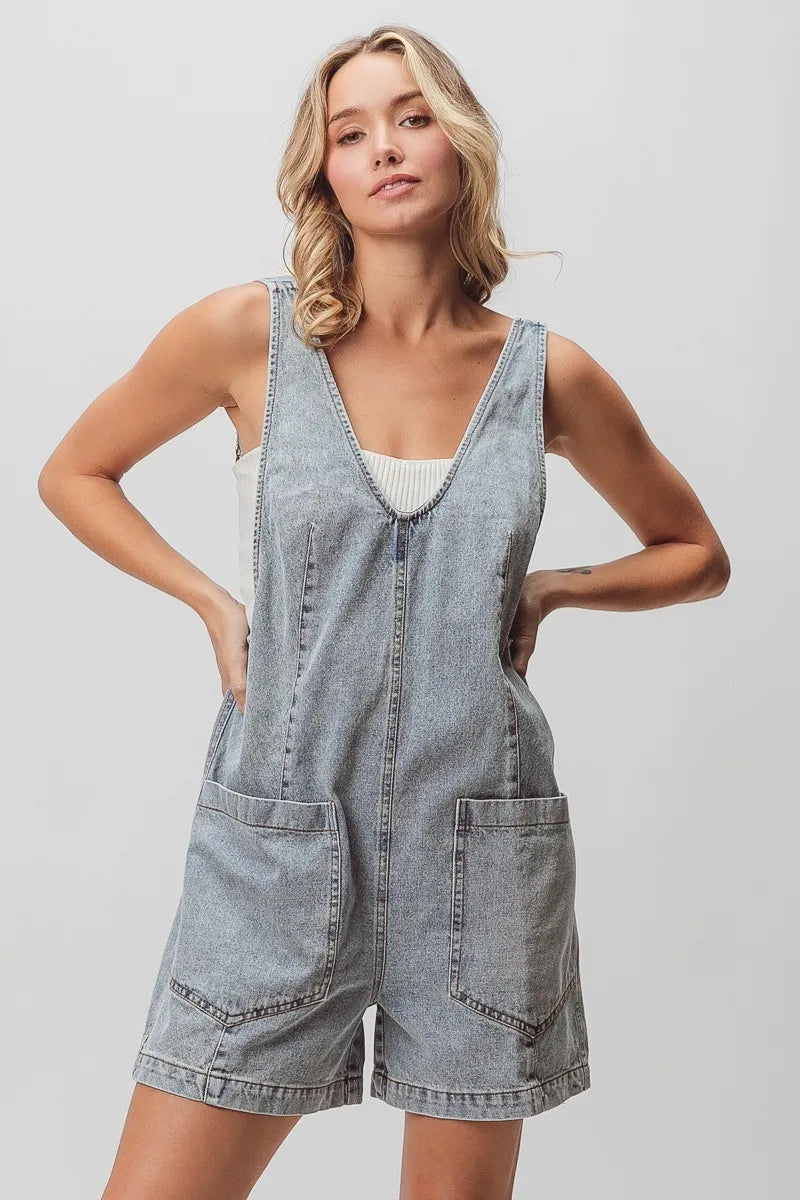 BiBi Patch Vintage Washed Denim Shortall