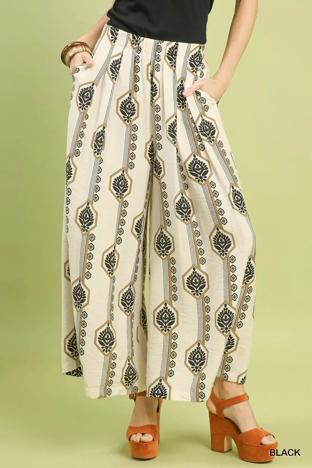 Umgee Geometric Boho Print Wide Leg Pants BLACK