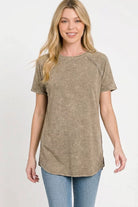Zenana Mocha French Terry Washed Curved Hem Top