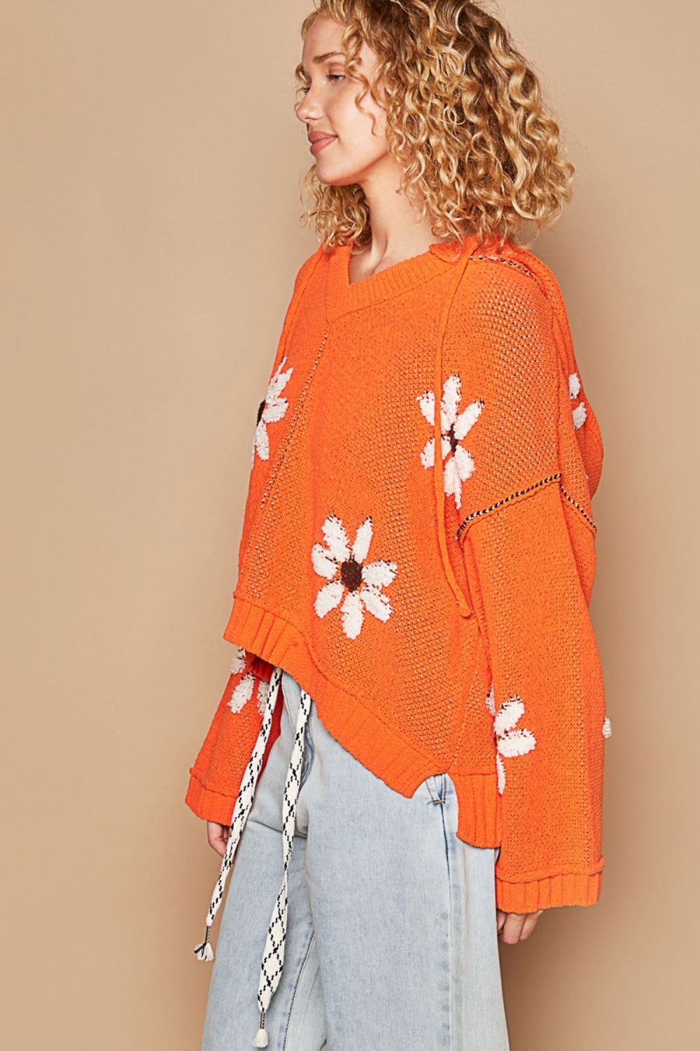 POL Orange Floral Pattern Hooded High-Low Sweater Trendsi