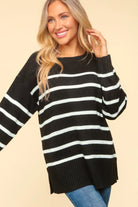 Haptics Black Striped Contrast Side Slit Sweater