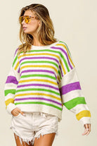BiBi Ivory Mardi Gras Colors Stripe Comfy Sweater IVORY MULTI