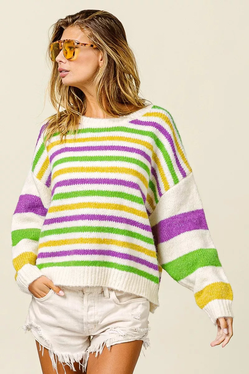 BiBi Ivory Mardi Gras Colors Stripe Comfy Sweater IVORY MULTI