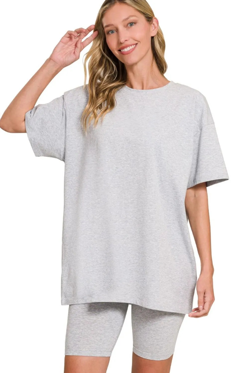 Zenana Dusty Blue Cotton Round Neck Top & Biker Shorts