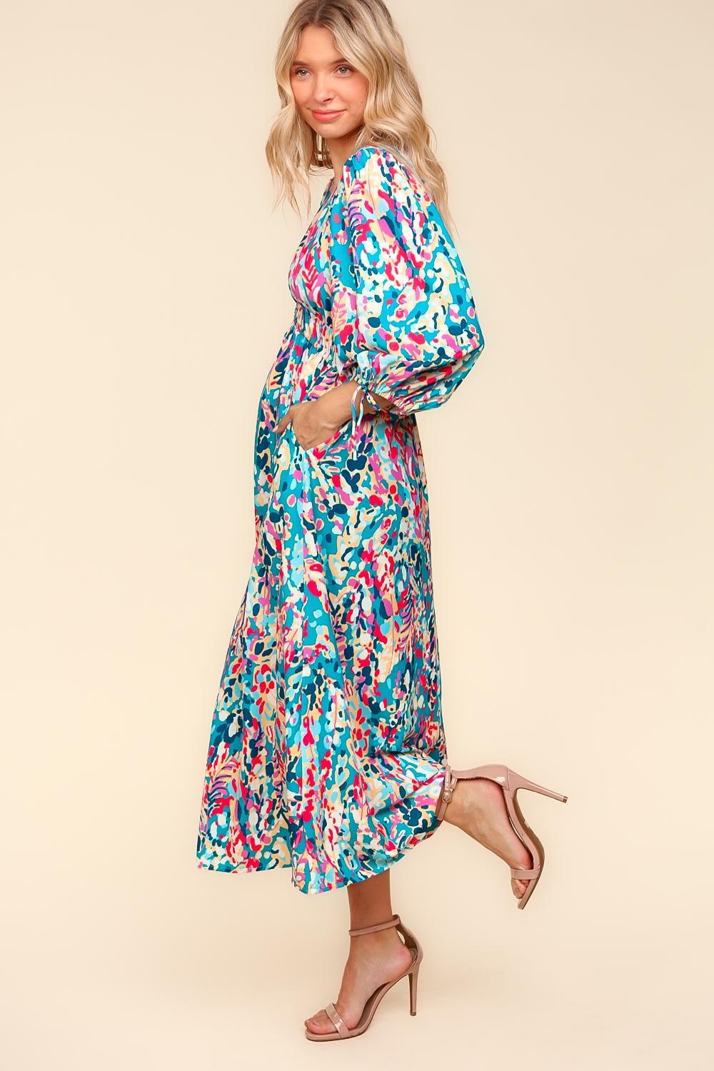 Haptics Turquoise Vintage Floral V-Neck Midi Dress with Side Pockets