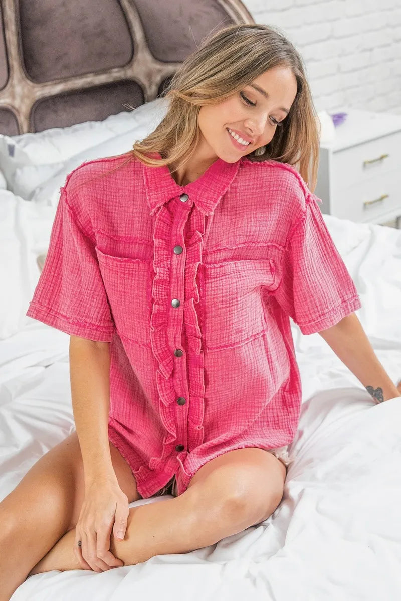 BiBi Fuchsia Mineral Washed Wrinkle Gauze Raw Edge Shirt Top