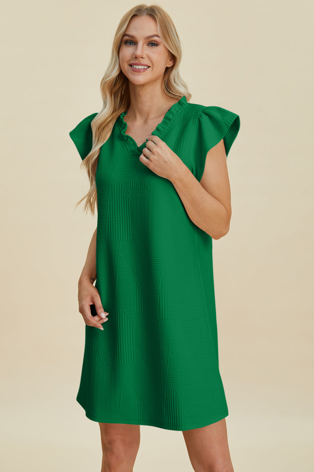 Double Take: 5 Colors Quilted Ruffled V-Neck Cap Sleeve Dress Dark Green Dresses