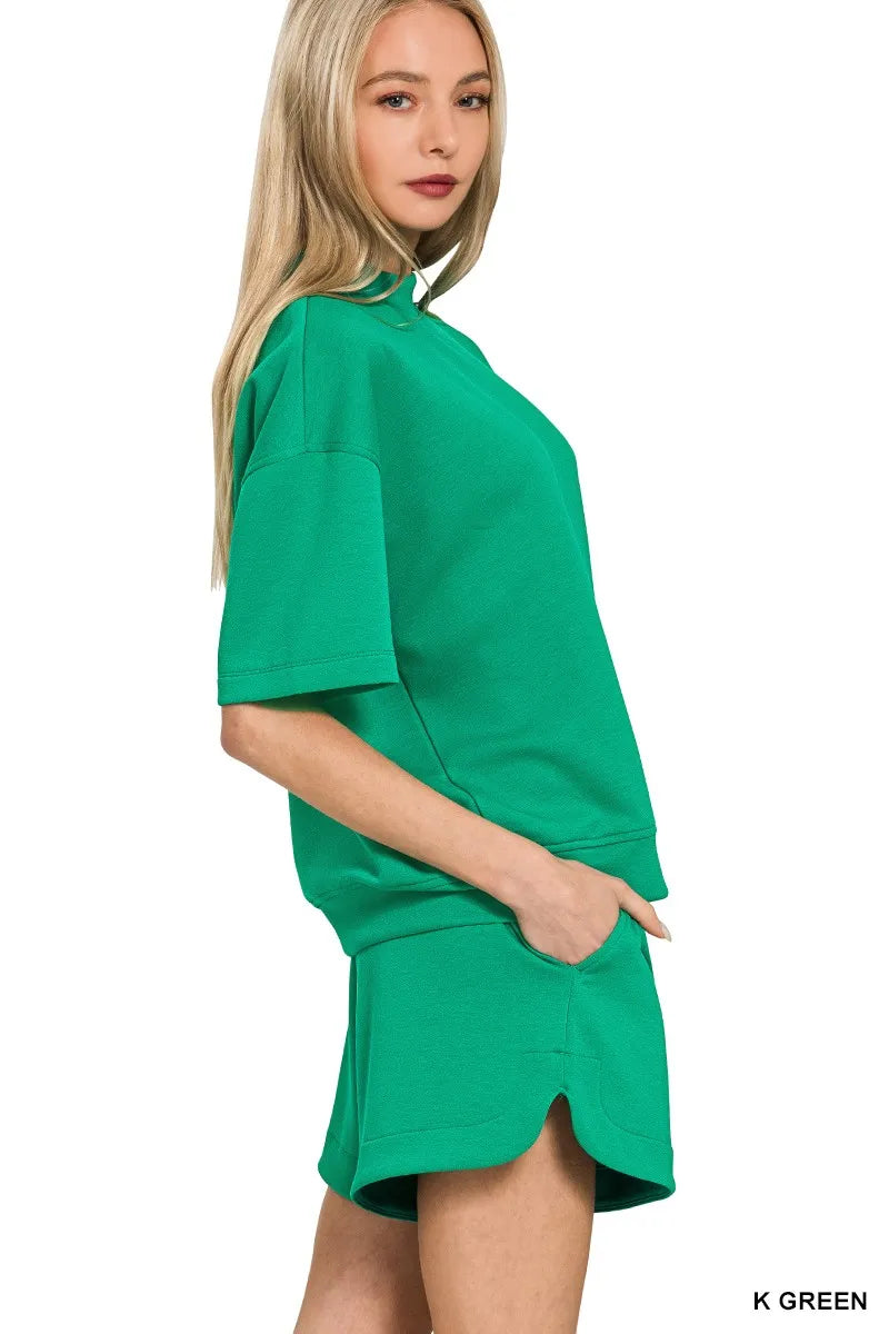 Zenana Kelly Green Scuba Short Sleeve T-Shirt and Shorts Set