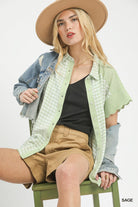Umgee Sage Mixed Gingham Short Sleeve Shirt