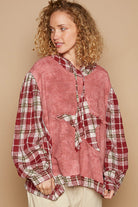 POL Red Bean Washed Star Patch Plaid Long Sleeve Hooded Top Redbean Multi Trendsi