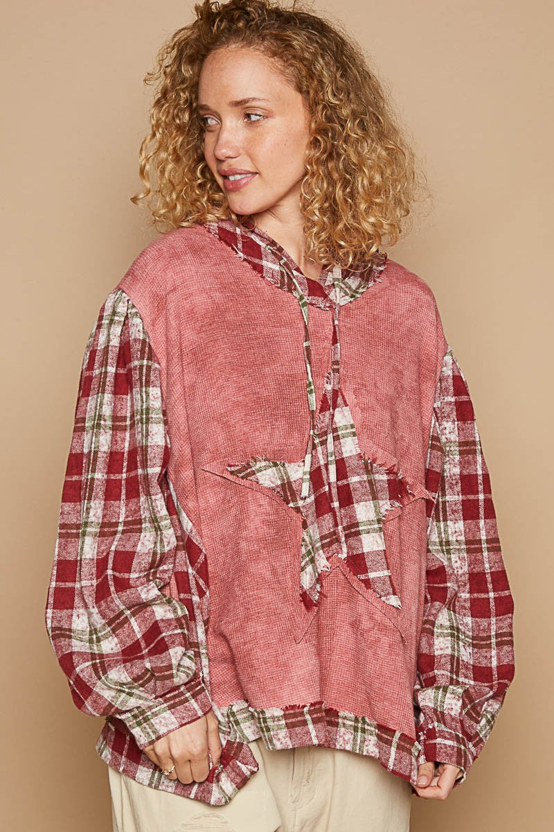 POL Red Bean Washed Star Patch Plaid Long Sleeve Hooded Top Redbean Multi Trendsi