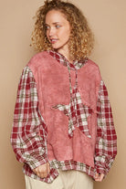POL Star Patch Plaid Long Sleeve Hooded Top Redbean Multi