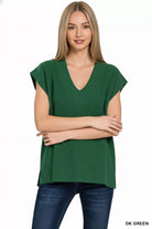 Zenana Dark Green Ribbed Slit V-Neck Sweater Vest