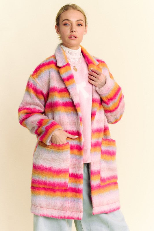 Davi & Dani Fuzzy Pink & Orange Contrast Striped Open Front Coat Coats & Jackets