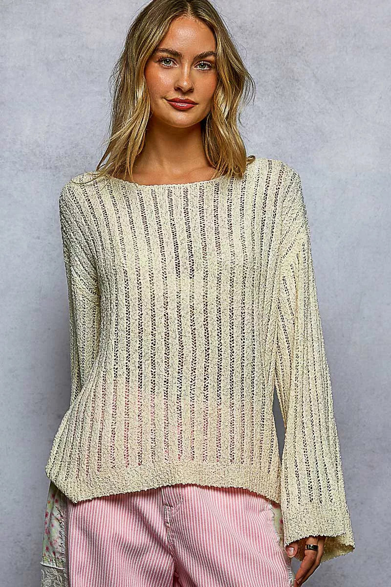 POL Natural Round Neck Long Sleeve Open Weave Sweater