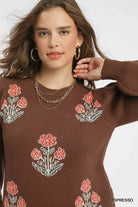 Umgee Espresso Floral Knit Sweater with Puff Sleeves