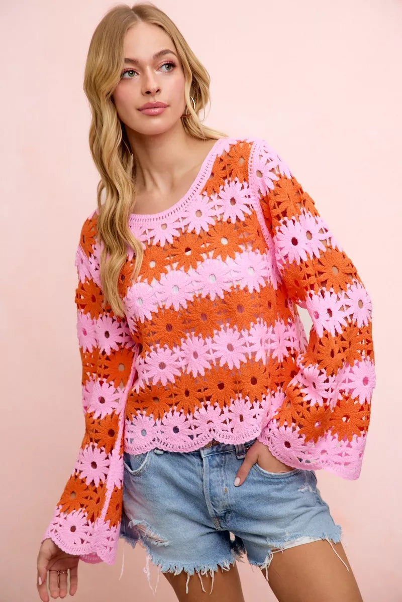 BiBi Pink Flower Crochet Knit Top PINK RED