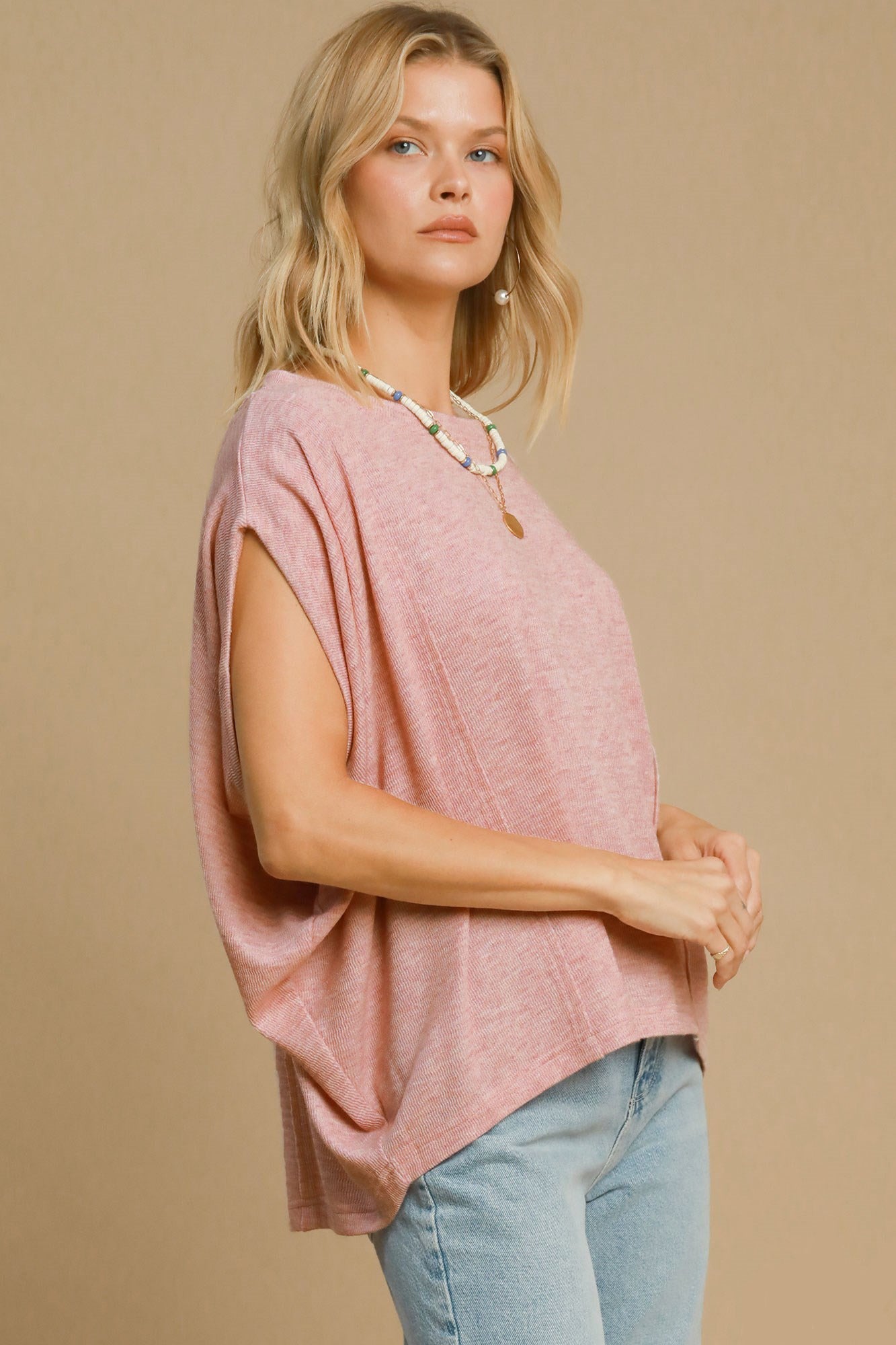 Umgee Dusty Pink Exposed Seam Round Neck Batwing Sleeve Knit Top Shirts & Tops