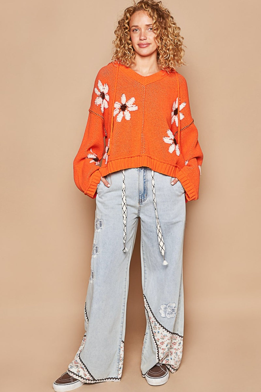 POL Orange Floral Pattern Hooded High-Low Sweater Trendsi