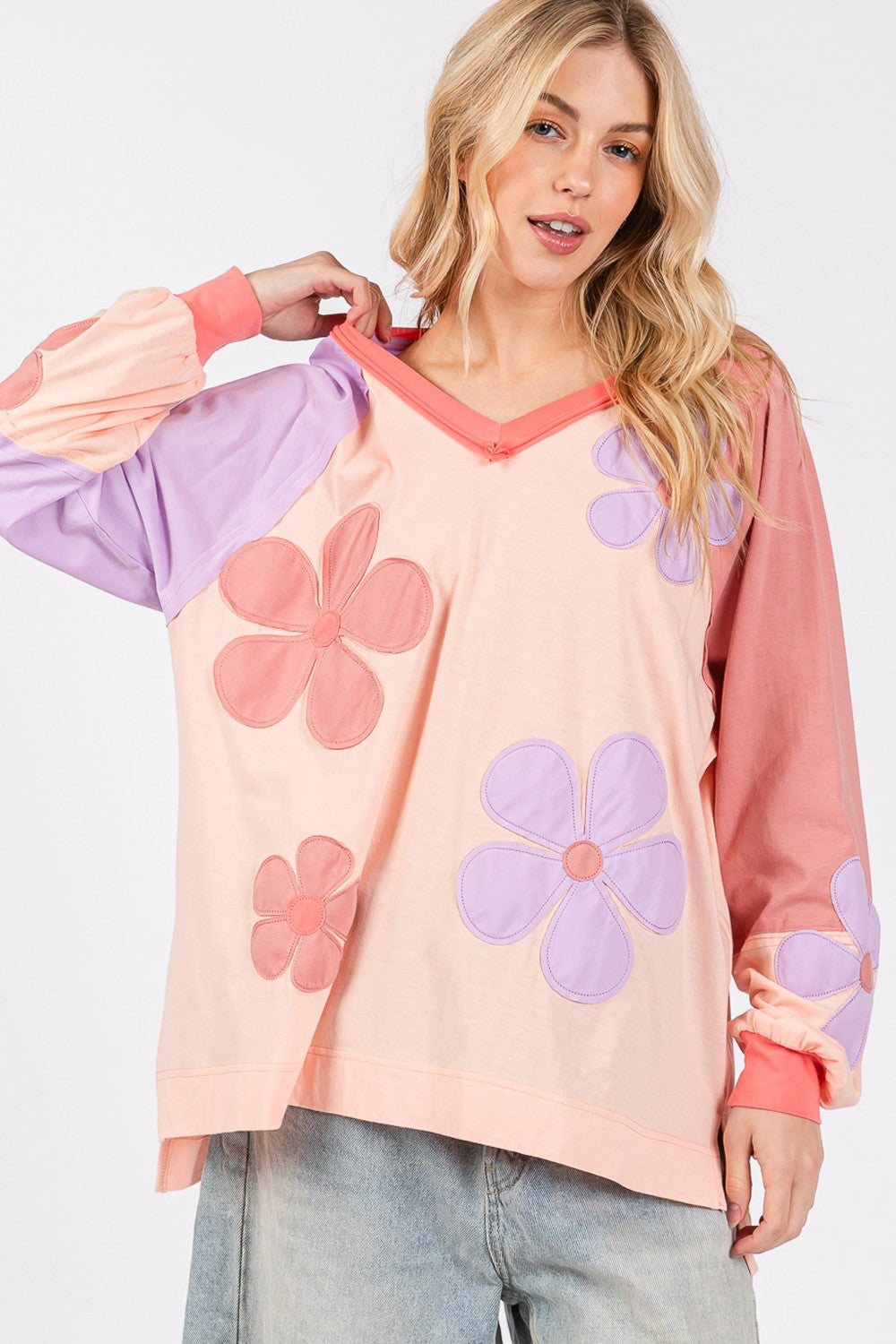 SAGE + FIG Blush Daisy Applique Patch Color Block Long Sleeve Top Trendsi